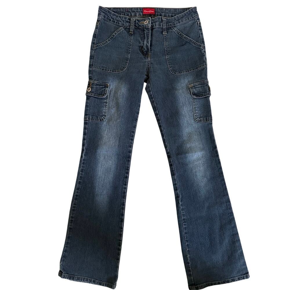 Southpole Womens Flare Jeans Cargo Pockets Denim Stretch Dark Wash Blue Size 7